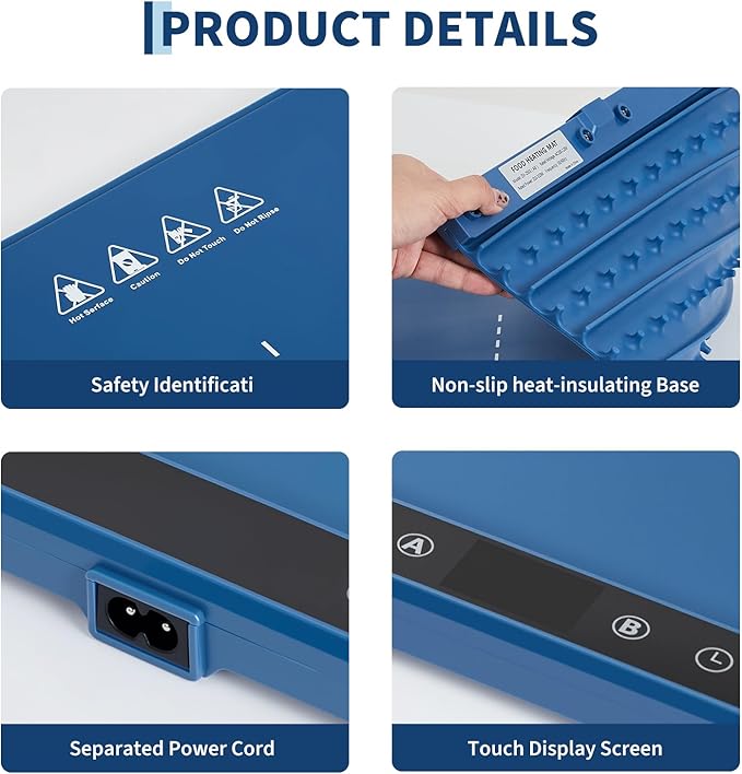 Garvee Electric Food Warming Mat for Countertop, 24x15 in, Dual Zone Control, Portable Silicone Food Warmer Pad Tray with Timer & 6 Temp Levels for Buffet Party, Easy to Clean, Blue