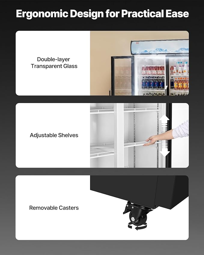 VEVOR Commercial Merchandiser Refrigerator, 36.27 CU.FT Upright Beverage Cooler, 2 Glass Door Display Refrigerator with 8 Adjustable Shelves, Soft LED Light, Customizable Lightbox, Casters, Black