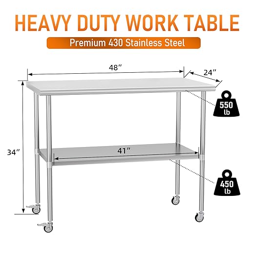 Stainless Steel Table with Wheels 24" x 48" Utility Worktable with Adjustable Undershelf for Commercial Kitchen, Garage, Restaurant