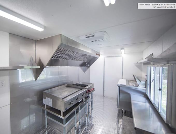 Food Truck Low Profile Exhaust Hood System Includes a stainless steel exhaust hood, an exhaust fan, an adjustable duct section, and installation hardware (6' Long Hood & Fan)