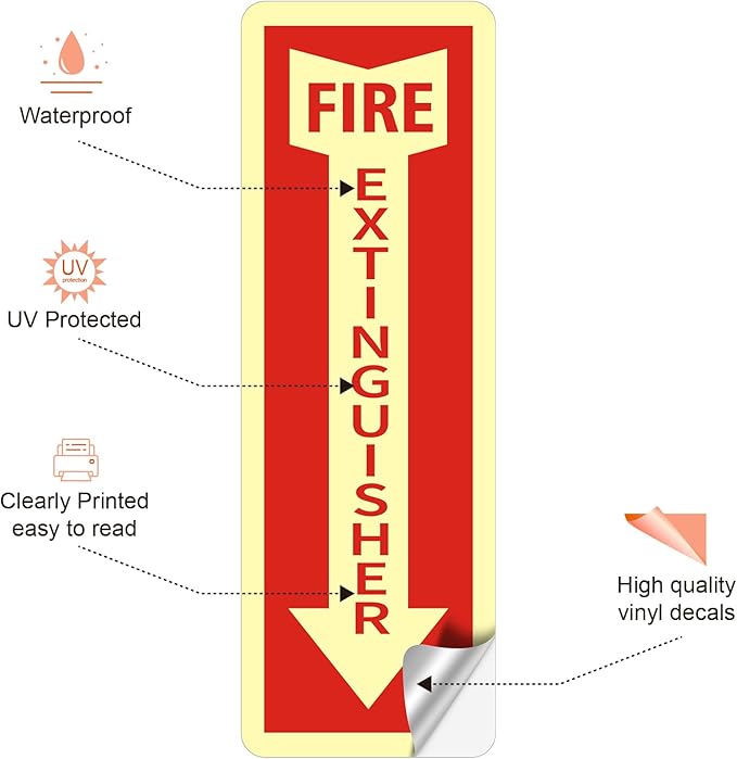 Fire Extinguisher Stickers, 6 Pack 4" X 12" Vinyl Fire Extinguisher Sign Self Adhesive Reflective,Easy to Apply and Stick,Weatherproof, UV Protected,Indoor Outdoor use,Glow in the Dark