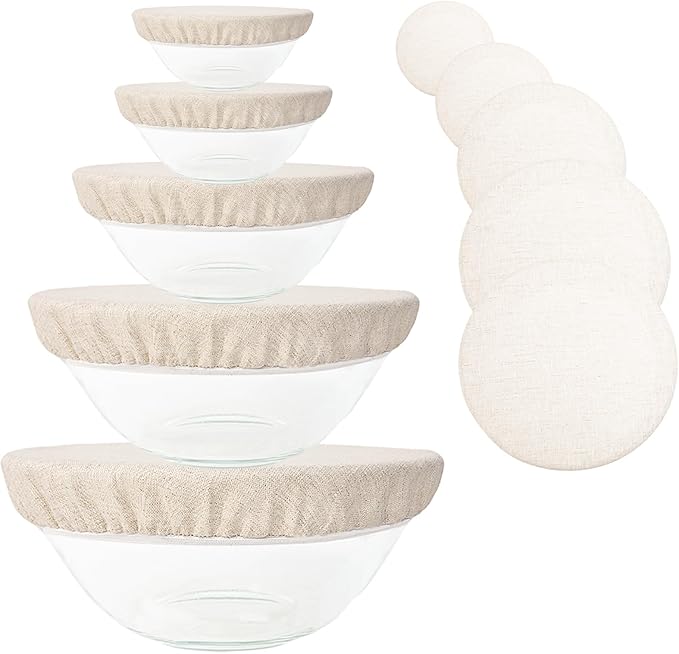 5 Pack Reusable Bowl Covers for Bread Proofing, 100% Pure Linen Bowl Covers 4/6/8/10/12 Inch, Elastic Lids for Sourdough, Dough Proofing and Food Storage