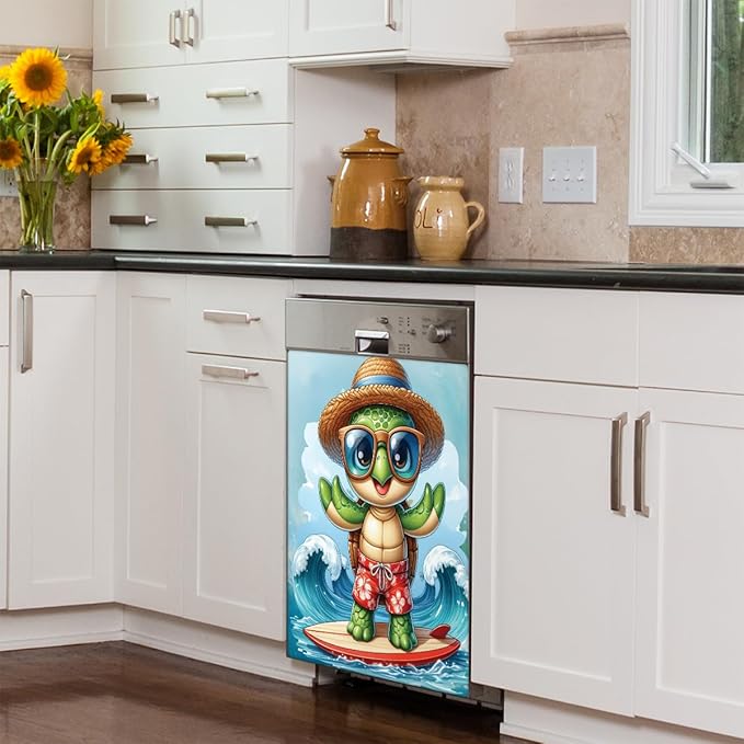 Dishwasher Magnet Cover Ocean Summer Turtle Front Dishwasher Cover Decoration Reusable Magnetic Door Cover Panel Decal Home Appliances Stickers Kitchen Refrigerator Fridge 23"x26"