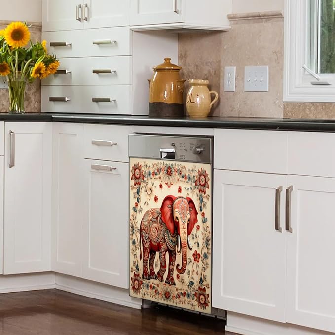 Elephant Flower Paisley Dishwasher Magnet Cover, Reusable Refrigerator Panel Stickers Microwave Front Door Covers Magnets for Kitchen Home Appliances Holiday Party Decorations 23 X 26 in