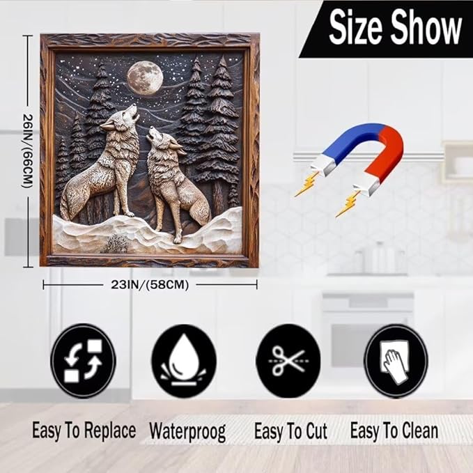 Wolves Howling at Moon Magnetic Dishwasher Cover Vinyl Sticker,Forest Scene with Pine Trees Dishwasher Magnet Cover, Wood Fridge Door Cover Magnets Art Skin Panel Decal for Home Decor, 23"X26"