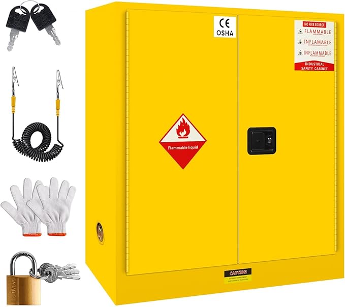 Flammable Safety Cabinet 43" x 18" x 44" Yellow, Cold-Rolled Steel Industrial Explosion Proof Cabinet, Adjustable Shelf & 2 Vent Design for Commercial Garages, Lab & Industrial Facilities