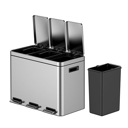 Garvee 12 Gallon Stainless Steel 3 Compartment Trash Can - 3x15L Recycling Bin with Soft-Close Lid, Fingerprint-Proof Kitchen & Office Waste Sorting Bin