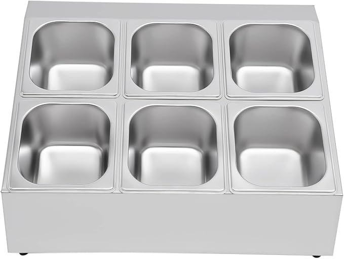 Pizza Topping Station Organizer Condiment Container Dispenser with 6 1/6 Pans& Lids, Stainless Steel Seasoning Food Containers Spice Rack Shelf Holder for Ingredients Sauce Salad Jam Fruits