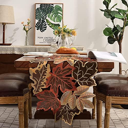 Embroidered Fall Table Runner 13.7 x 68.8 in, Thanksgiving Table Decor