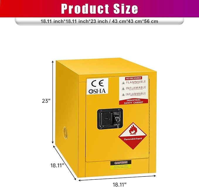 Flammable Storage Cabinet 16 Gallon, Explosion Proof Yellow All-Welded Steel Body Chemical Safety Cabinet, 3-Point Locking System Adjustable Shelf for Warehouses, Industrial Use, Home & Commercial