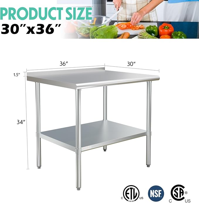 STABLEINK NSF Stainless Steel Prep Table 36x30 inches 3ft, Metal Work Table with Adjustable Undershelf and backsplash, for Commercial Kitchen, Restaurant, Home, Hotel and Garage