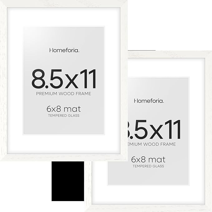 Homeforia 8.5 by 11 Picture Frame White, High End Oak 8.5 x 11 Wood Frames with Mat 6 x 8 inch Photo, 8.5by11 Wooden Frame Matted to 6x8 Art, Wall or Tabletop Frame, Tempered Glass, Wall Kit, Set of 2