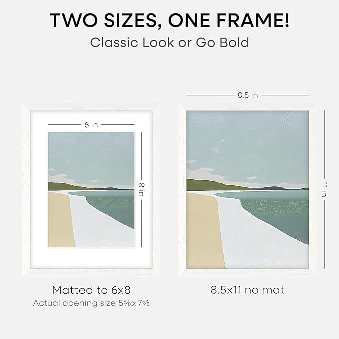 Homeforia 8.5 by 11 Picture Frame White, High End Oak 8.5 x 11 Wood Frames with Mat 6 x 8 inch Photo, 8.5by11 Wooden Frame Matted to 6x8 Art, Wall or Tabletop Frame, Tempered Glass, Wall Kit, Set of 2