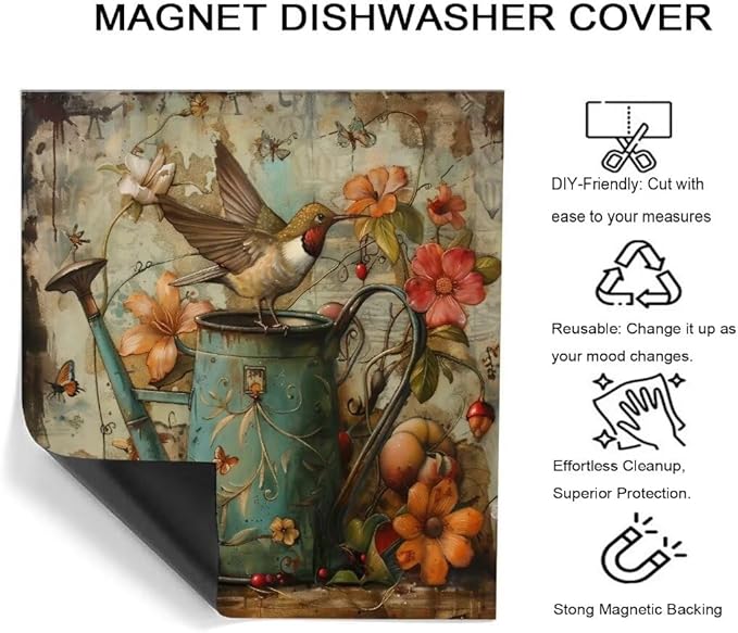 Floral Watering Can Birds Spring Dishwasher Magnet Cover,23" x 17" Dishwasher Cover,Retro Country Butterfly Magnetic Decal Vinyl Sticker Kitchen Decor Refrigerator Magnets Self Adhesive Wrap
