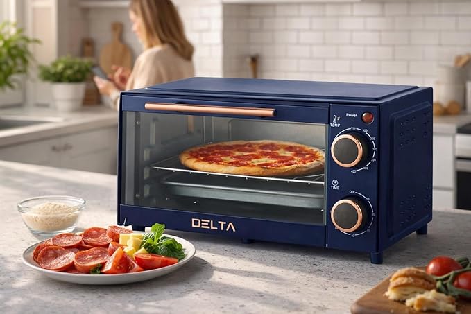 9L Toaster Oven, Small Countertop Electric Oven 750W, 60-Min Timer Auto Shut-Off, Tempered Glass Door, 2-Knob Manual Control, Compact Toaster Ovens Countertop with Baking Tray & Rack