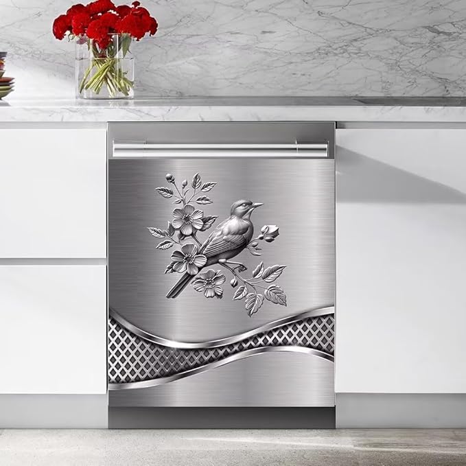 Stainless Steel Design Bird Pattern Kitchen Decorative Dishwasher Cover Magnet Sticker,Fridge Panel Door,Refrigerator Decal Home Decor 23x26inch