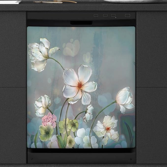 Dishwasher Magnet Cover Blooming White Flowers Front Dishwasher Cover Decoration Reusable Magnetic Door Cover Panel Decal Home Appliances Stickers Kitchen Refrigerator Fridge 23"x26"