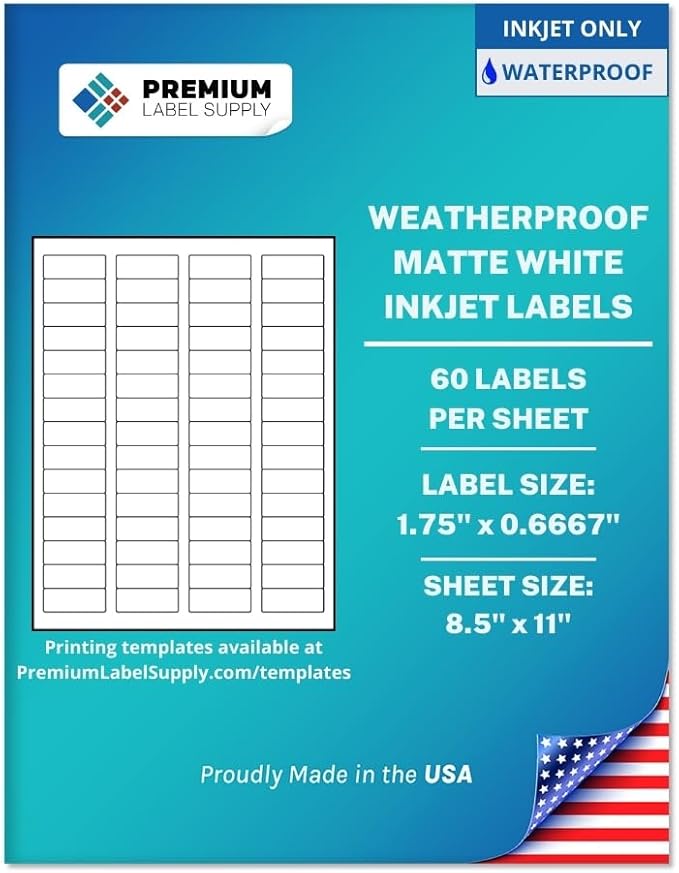 Premium Label Supply Waterproof White Return Address Sticker Labels – 1.75" x 0.667" – Inkjet Printers Only – (60 per Sheet), 500 Sheets - 30,000 Total Adhesive Labels