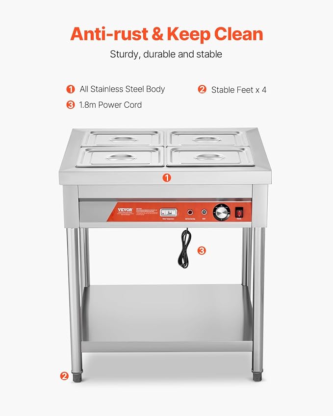 VEVOR 4-Pan Commercial Food Warmer, 4 x 1/2 Pans Electric Steam Table, 1500W Professional Buffet Catering Food Warmer with Undershelf, Stainless Steel Server for Restaurant Party Hotel