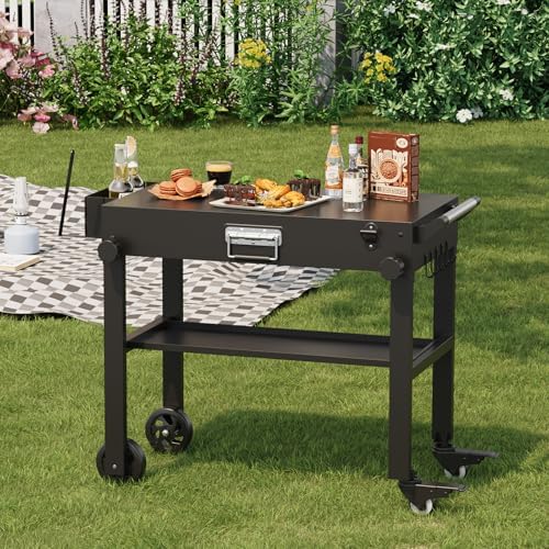 Heavy Duty Folding Grill Cart for Blackstone 17"/22" Griddle - Portable Outdoor BBQ Table with Stainless Steel Tabletop and Locking Wheels, Rolling Catering Food Cart for Camping and RV, Black