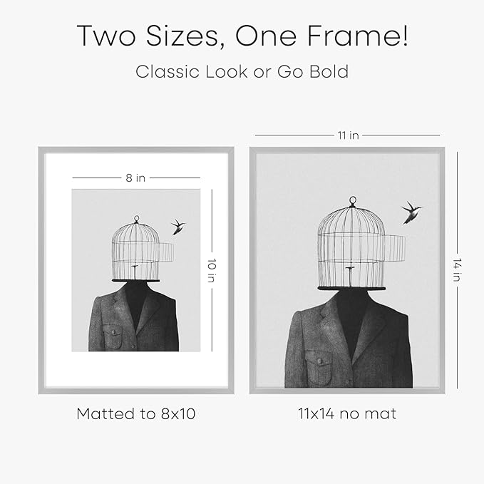 Homeforia 11x14 Picture Frame Silver, High End Metal 11x14 Frames with Mat 8x10, 11 x 14 Silver Poster Frame Matted to 8 x 10 inch Photo, 11by14 Thin Hanging Frames, Tempered Glass, Wall Kit, Set of 4