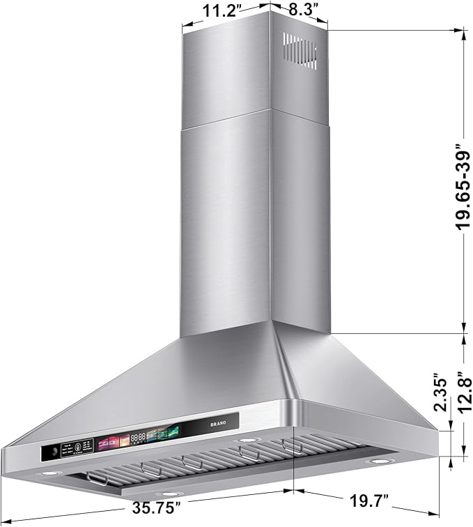 BRANO 36 Inch Wall Mount Range Hood 900 CFM with Voice/Gesture/Touch Control, Stainless Steel Vent Hood with 4 Speed, 4 Adjustable Lights, Ducted/Ductless Convertible