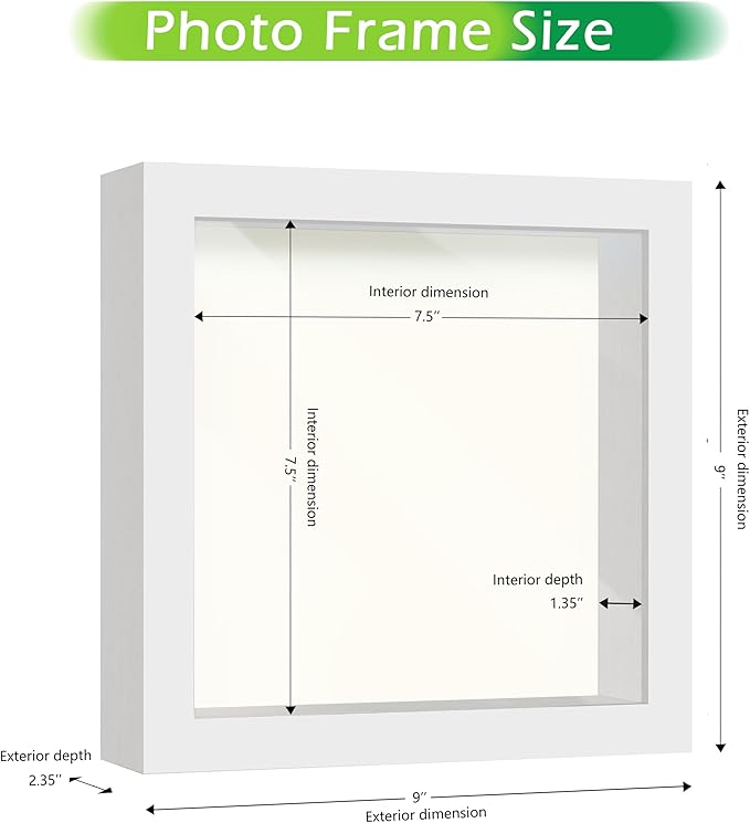 FrameWorks 8” x 8” White Wooden Shadow Box Frame – Display Case with Soft Felt Back, Memory Box with Tempered Glass, Display Box with Elegant White Ball Push Pins, Wooden Flower Box