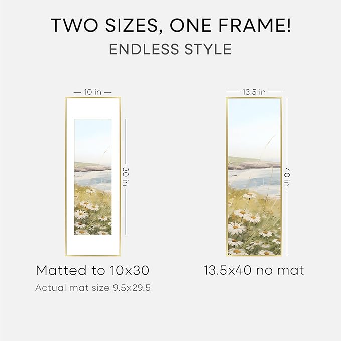Homeforia 13.5x40 Panoramic Frame Gold, High End Metal 13.5x40 Picture Frames with Mat 10x30 Photo, 13.5 x 40 Poster Frames Matted to 10 by 30 Print, 40x13.5 Frames, Tempered Glass, Wall Kit, Set of 3