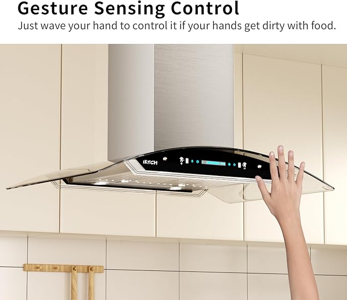 IKTCH Upgrated 30 inch Island Mount Range Hood, 900 CFM Ducted Range Hood with 4 Speed Fan, Stainless Steel& Tempered Glass with Gesture Sensing&Touch Control Making life Smarter IKIS01-30