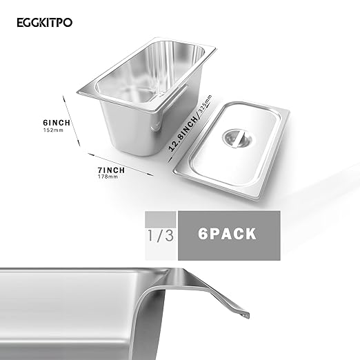 EGGKITPO 1/3 Size Steam Table Pan with Lid 6 Inch Deep Hotel Pan Commercial Stainless Steel Food Pan with Cover 6 Pack Chafing Pans for Buffet Party and Restaurant Supplies