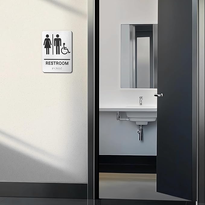 Restroom Sign, Brushed Aluminum ADA Raised Braille Restroom Signage for Business, Unisex Bathroom Sign with Strong Self-Adhesive, Wheelchair Accessible, Silver, Size 8’’* 6’'