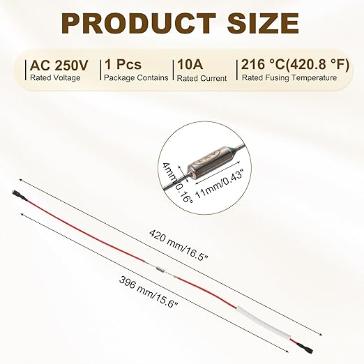 MECCANIXITY Universal Rice Cooker Temperature Fuse, 216°C 10A 250V Metal Thermal Fuse with Both End Terminal Fiberglass Sleeving for Electric Pressure Cooker Repair Part