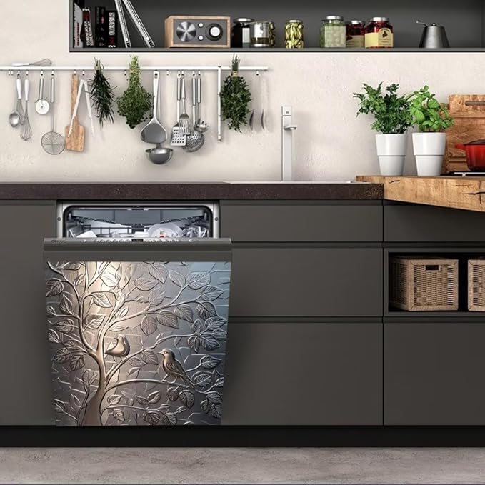 Stainless Steel Bird Dishwasher Magnet Cover - Kitchen Decorative Silver Dishwasher Cover Fridge Panel Decal, Magnetic Refrigerator Sticker Front Door Decals, Magnetic 23"X26"