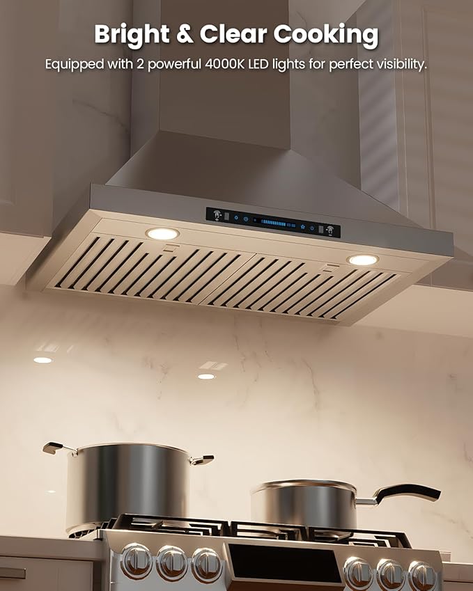 JOCO 36 Inch Wall Mount Range Hood, 900 CFM Stainless Steel Kitchen Chimney Vent Hood, Convertible for Ducted or Ductless Installation, 4-Speed Gesture/Touch/Remote Control P02-36G