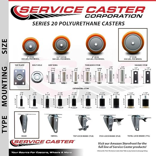 Service Caster Brand Replacement Caster for Uline Caster H-5540R-Rigid Top Plate Caster with 5 Inch Orange Polyurethane Wheel-Light Duty Replacement Caster-Fits Cart, Dollies and Poly Box Truck H-3840