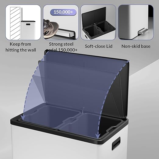 16 Gallon Dual Compartment Trash Can - Stainless Steel Kitchen Recycling Bin with Double Removable Inner Buckets, Step Pedal, Soft-Close Lid, Rectangular White Garbage Can for Efficient Waste Sorting