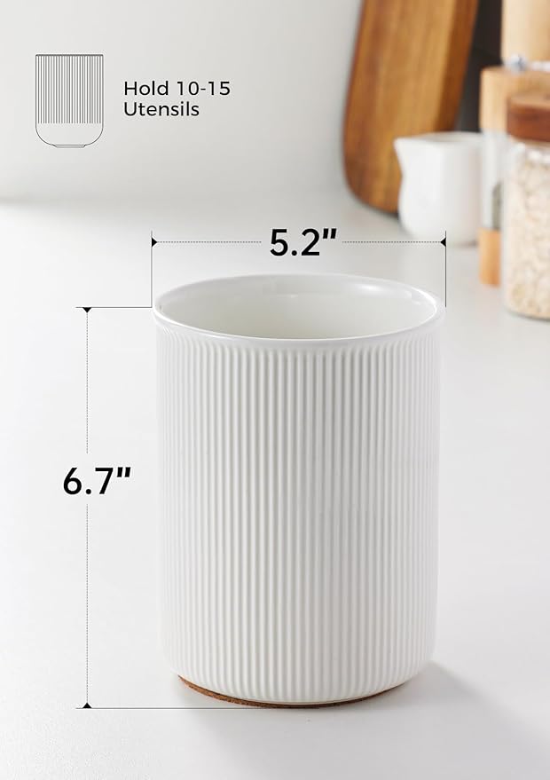 LoeJan Utensil Holder, Extra Large Utensil Crock, Stable Ceramic Utensil Organizer, Cooking Tool Organizer Set for Kitchen Counter Farmhouse Decor (E-6.7" White)