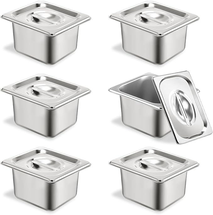 6 Set Stainless Steel Hotel Pans 1/6 Size 4 Inch Deep With Lids, Anti-Jam Chafing Steam Table Pans, Catering Food Storage Metal Pan