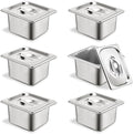 6 Set Stainless Steel Hotel Pans 1/6 Size 4 Inch Deep With Lids, Anti-Jam Chafing Steam Table Pans, Catering Food Storage Metal Pan