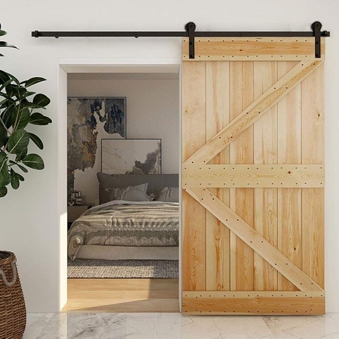 CCJH 14.5FT Single Sliding Barn Door Hardware Kit Black Carbon Steel Hanger Flat Track System for Closet Kitchen 1 Door 87 inch Wide, Smoothly and Quietly I Shape Roller