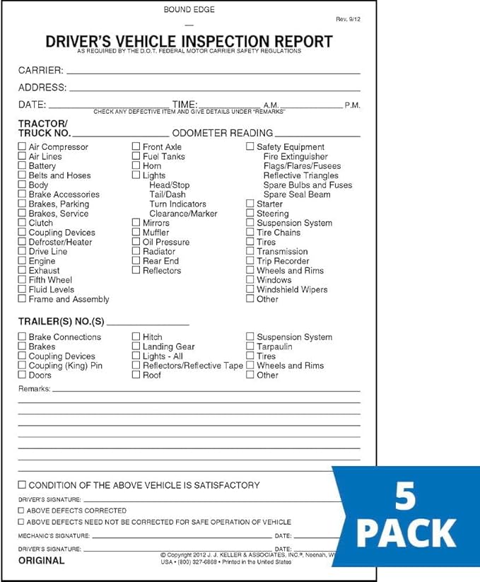 Detailed Driver's Vehicle Inspection Report 5-pk. - Book Format with 31 Sets, 2-Ply Carbonless, 5.5" x 8.5", Meet FMCSR Requirements, J. J. Keller & Associates, Inc.
