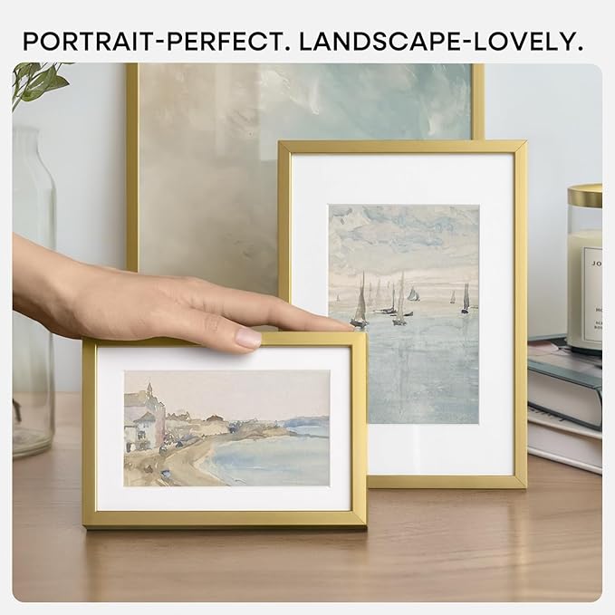 Homeforia A4 Gold Picture Frame, High End Metal 8.3 x 11.7 Frames for Wall or Tabletop, Gold A4 Certificate Frame with Mat A5, 8.3x11.7 Frames Matted to 5.8x8.3 Art, Tempered Glass, Wall Kit, Set of 1