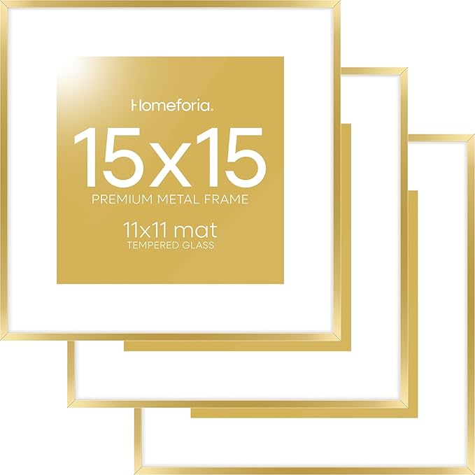 Homeforia 15x15 Picture Frame Gold, High End Metal 15 x 15 Square Poster Frame with Mat 11 x 11 Photo, 15x15 Frame Matted to 11x11 Print, 15by15 Gold Hanging Frames, Tempered Glass, Wall Kit, Set of 3