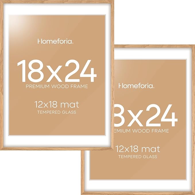 Homeforia 18x24 Poster Frame Wood, High End Natural Oak 18x24 Light Wooden Picture Frame with Mat 16x20, 18 by 24 Frames Matted to 16 x 20 Photo, 24by18 Thin Frames, Tempered Glass, Wall Kit, Set of 2