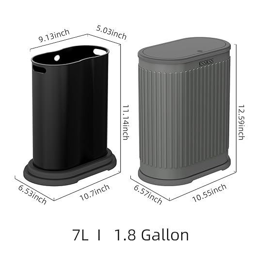 1.8 Gallons Small Stainless Steel Trash Can with Press Type Lid, Slim Bathroom Garbage Bin, Removable Liner Bucket, Dog Proof Narrow Wastebasket with Pop-Up Lid for Bedroom,Toilet (Gray)
