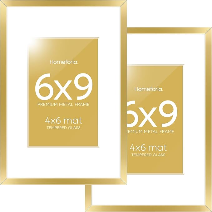 Homeforia 6x9 Picture Frame Gold, High End Metal 6 x 9 Frames with Mat 4 by 6 for Print, Photo Frame 6x9 Gold Matted to 4x6 inches Art, 6by9 Wall or Tabletop Frames, Tempered Glass, Wall Kit, Set of 2
