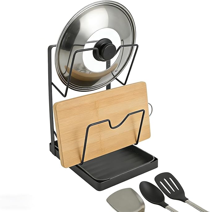 Pot Lid Holder, Multifunctional Kitchen Pot Lid Cover Organizer Rack Spoon Rest with Removable Drip Tray Pan Storage While Cooking for Countertop Organization
