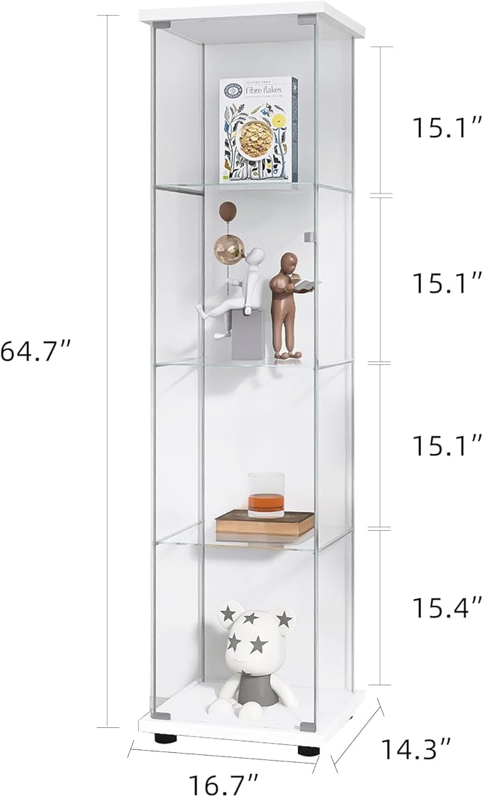 Yoluckea 4 Shelves Glass Display Cabinet with Door,Floor Standing Clear Glass Curio Cabinet Collection Display Case for Living Room Bedroom 64”x17”x14.5” White