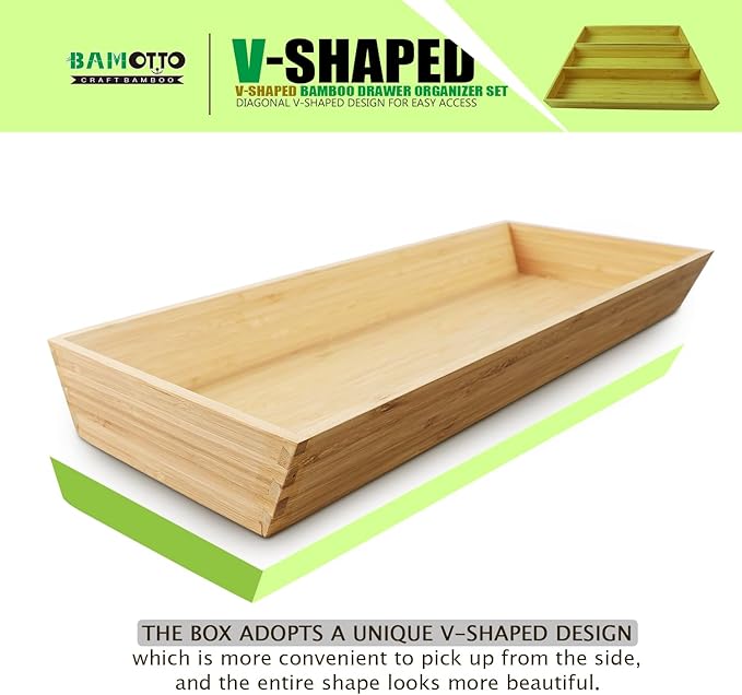 V-Shaped 2-Pack 19.6" Long Bamboo Drawer Organizer Box - Easy Reach Kitchen Utensil Flatware Silverware Cooking Tools Storage for Home Bedroom Bathroom (19.6"x12.4"/19.6"x7.8")