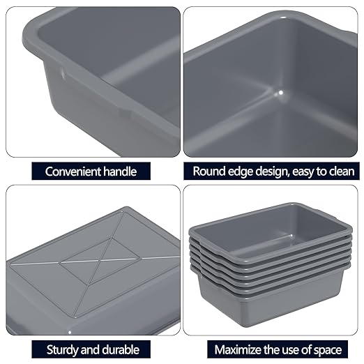 6-Pack 24 L Commercial Bus Tub, Plastic Bus Box, Gray